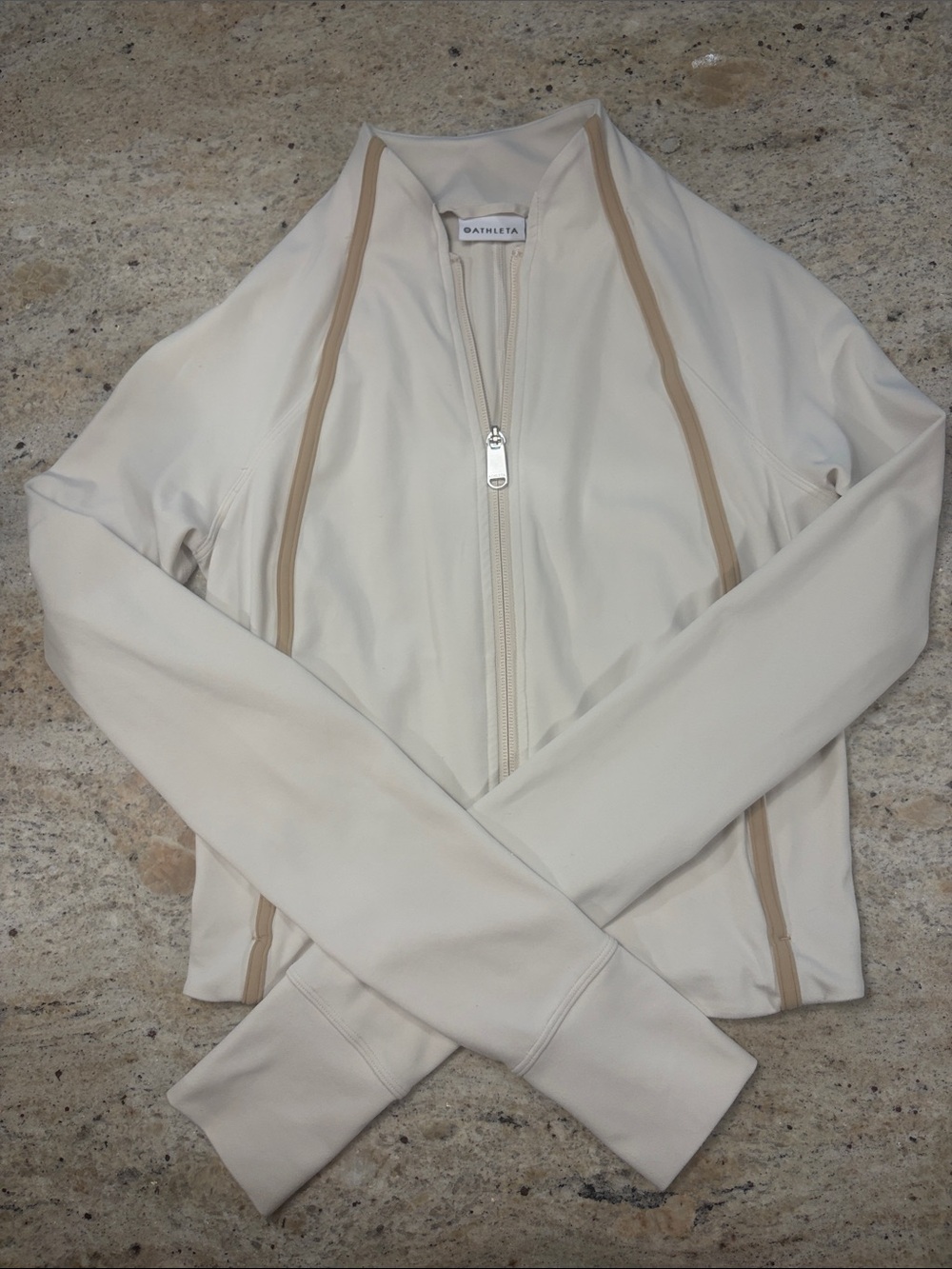 Athleta Cream Full-Zip Bomber Jacket with Tan Trim